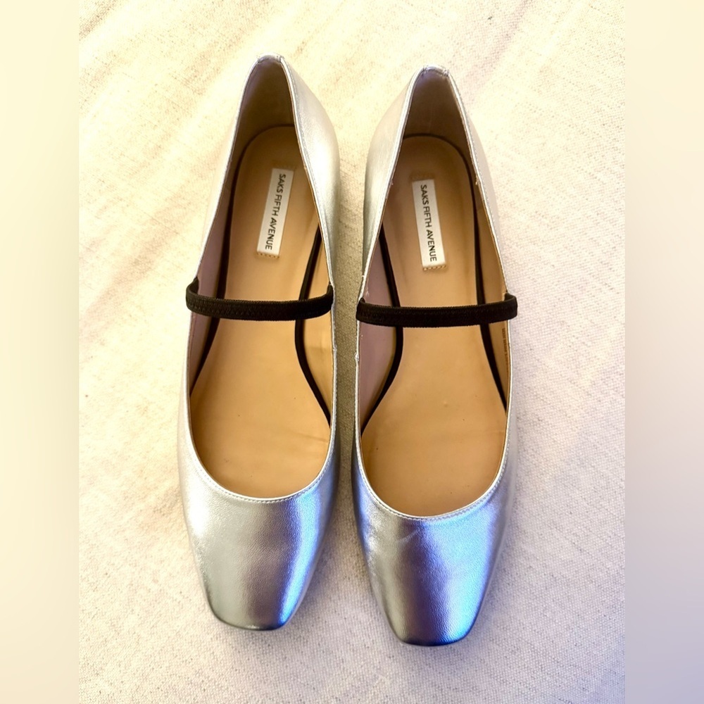 Saks Fifth Avenue Mary Jane in Silver with Black Strap - Picture 9 of 12